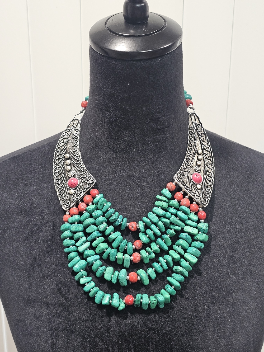 African Beaded Turquoise & Red Stone Multi-Strand Statement Necklace
